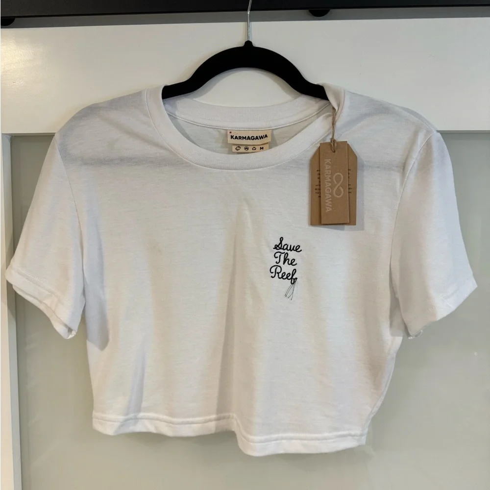 NWT Karmagawa Save The Reef White Black Embroidered Short Sleeve Crop Top medium - Picture 2 of 8